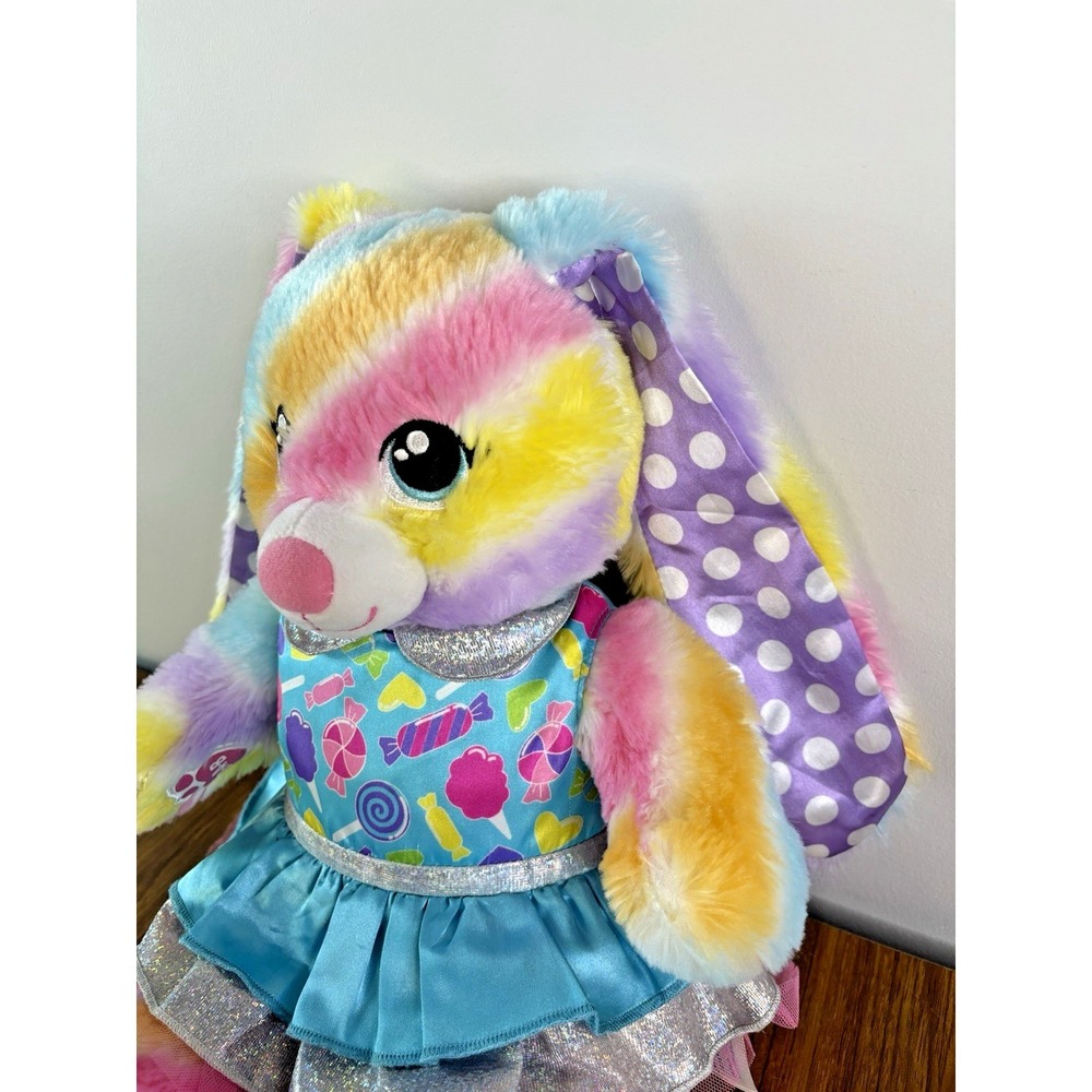 Build A Bear Rainbow Bunny Rabbit Pastel Polka Dot 2018 w/ Candy Tulle Dress - Picture 2 of 14